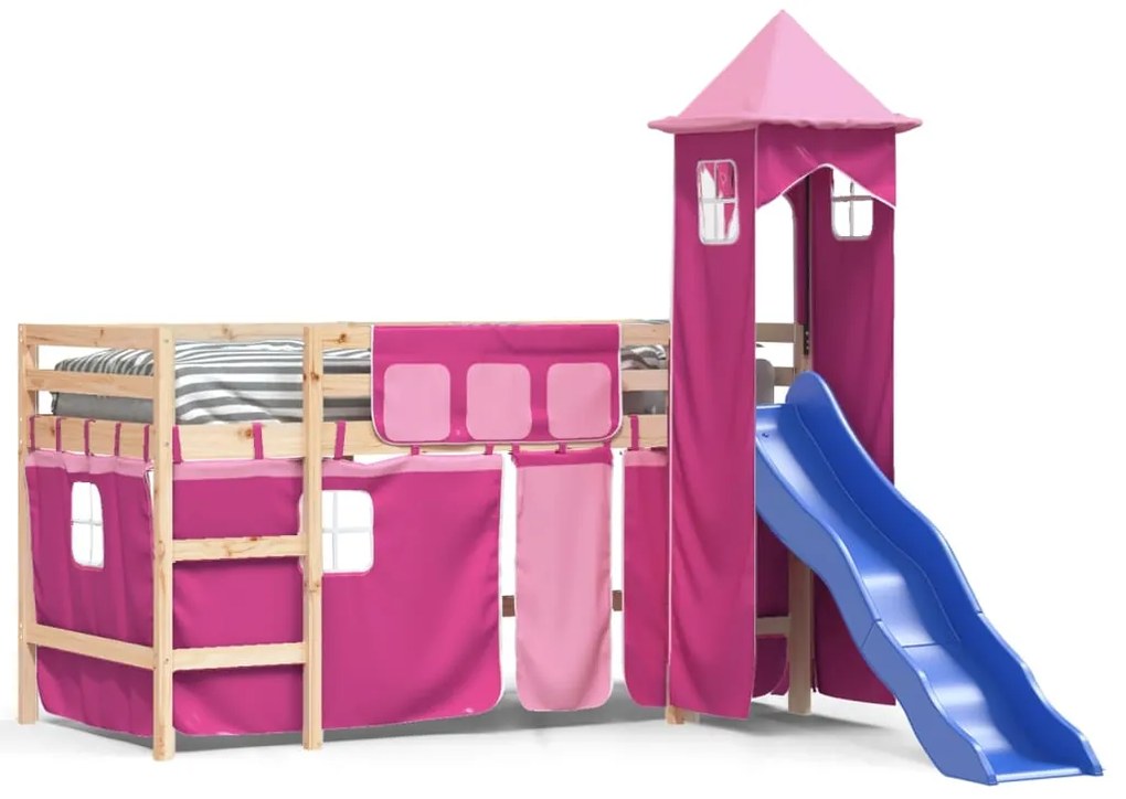 Letto a soppalco con torre bambini rosa 80x200cm massello pino