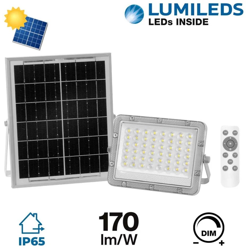 Faro Solare LED Lumileds 50W, 5.000k Dimmerabile Aut. 10h IP65 Colore Bianco Freddo 5.000K