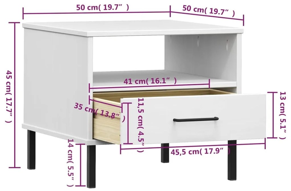 Comodino con Gambe in Metallo Bianco Legno Massello Pino OSLO