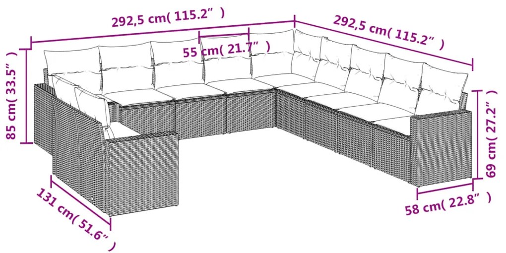 Set Divani da Giardino 11 pz con Cuscini Polyrattan Marrone