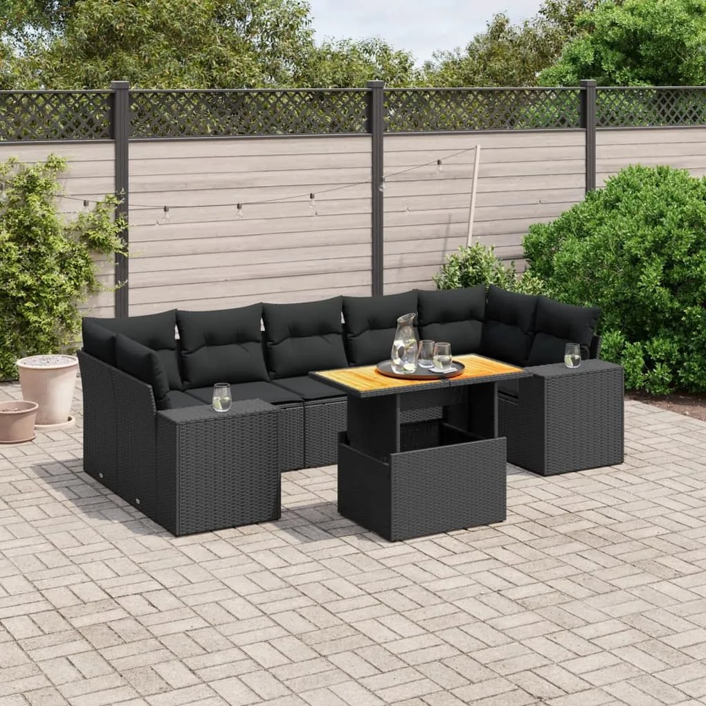 Set divani da giardino con cuscini 8 pz nero in polyrattan