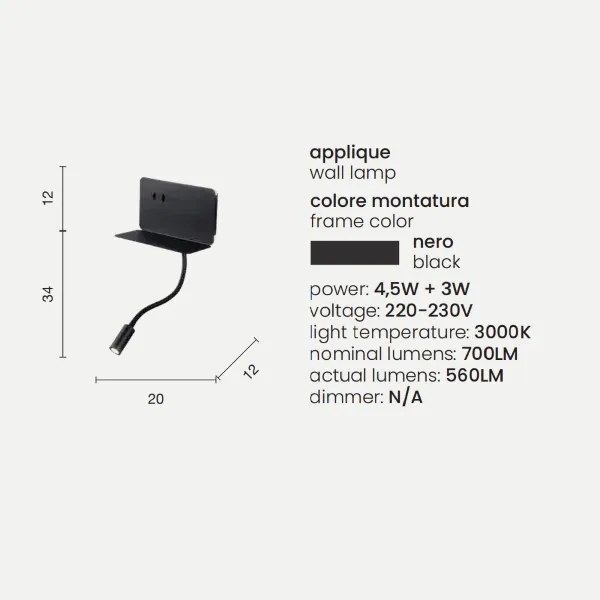 Applique STAN 20 cm in metallo con retroilluminazione LED e caricatore Usb Nero