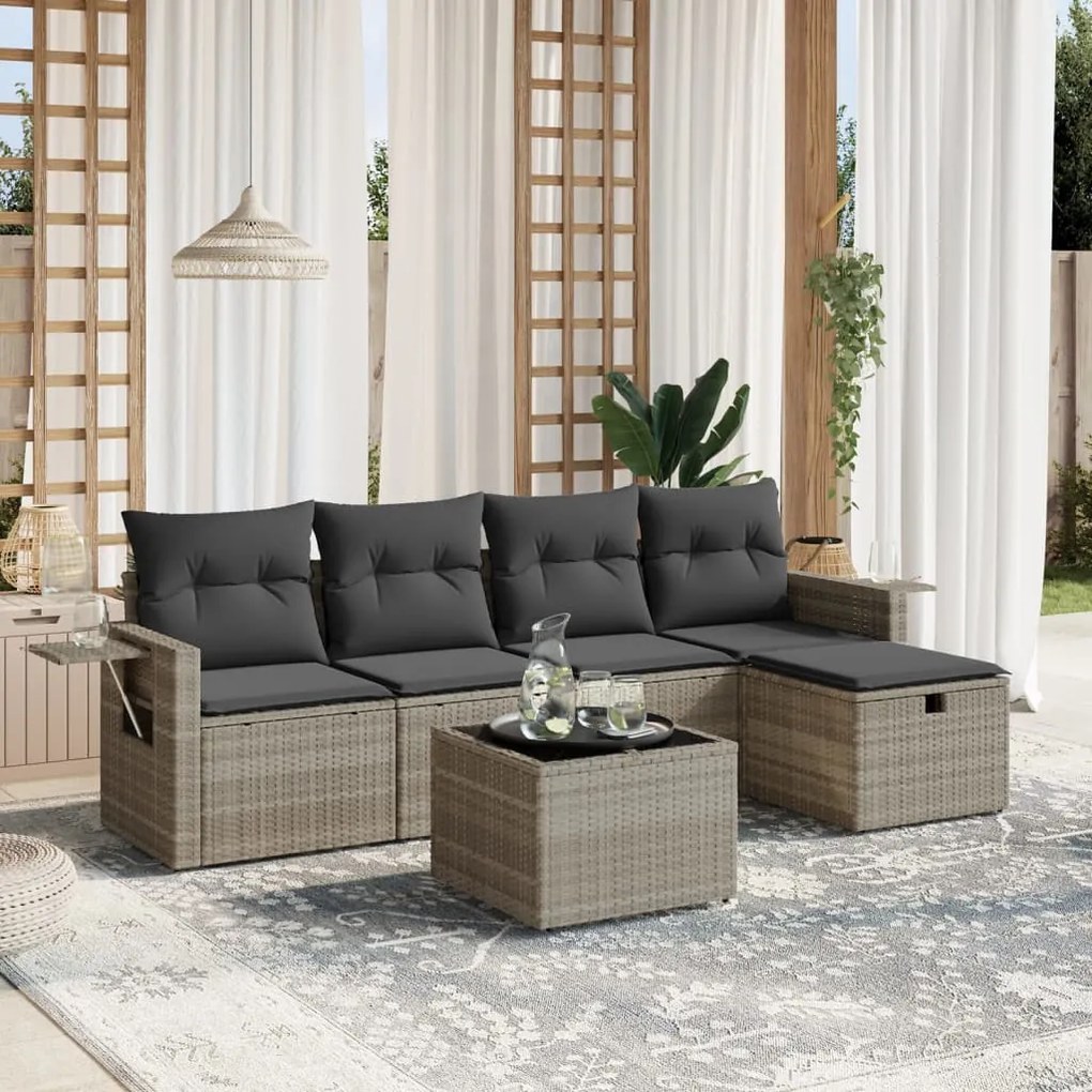 Set divano da giardino 6pz con cuscini grigio chiaro polyrattan