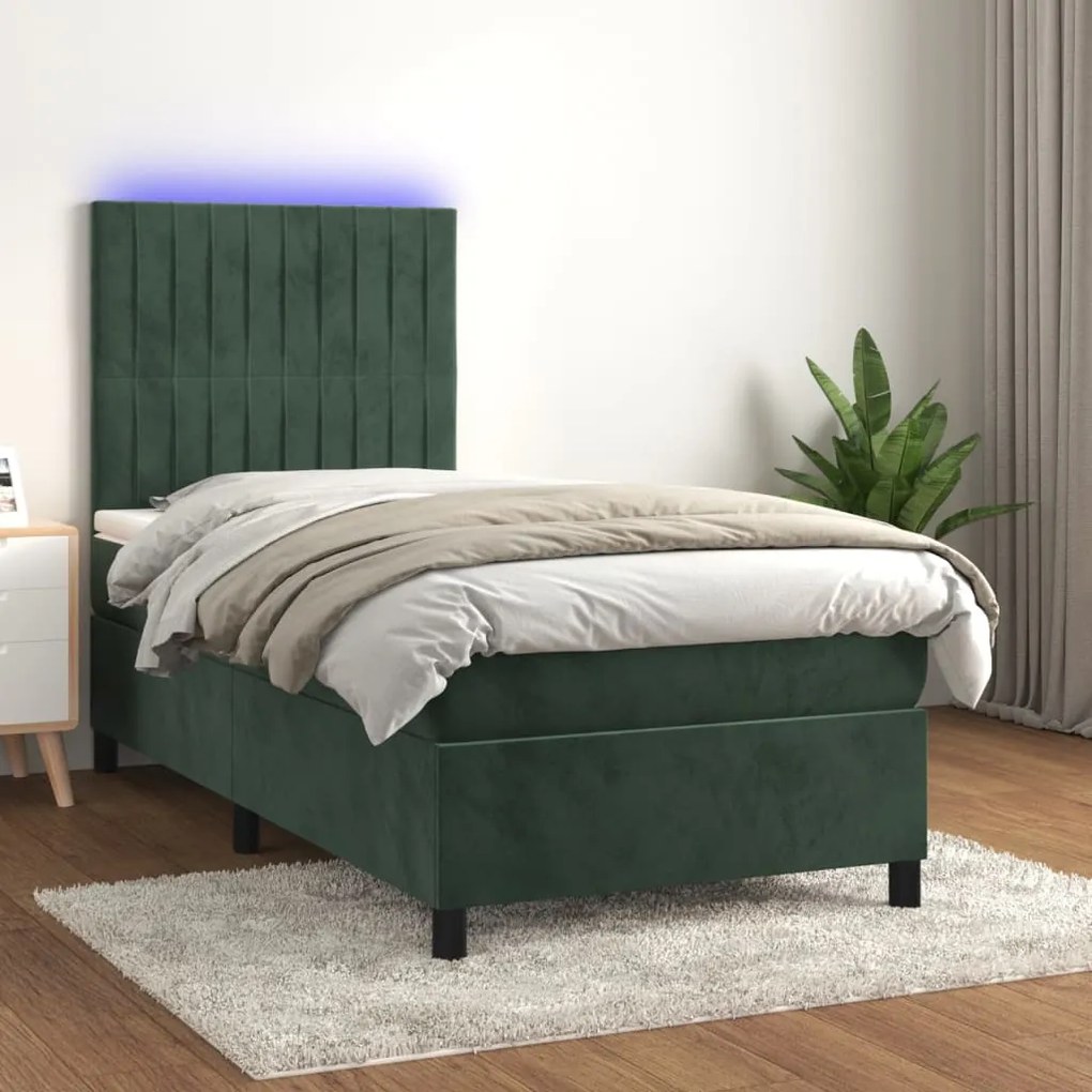 Letto A Molle Con Materasso E Led Verde Scuro 90x200cm Velluto /