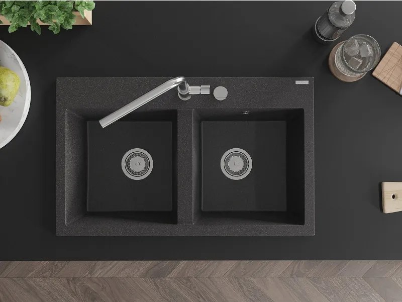 Mexen Hektor lavello da cucina in granito a 2 vasche 800 x 480 mm, nero punteggiato, sifone cromato - 6521802000-76