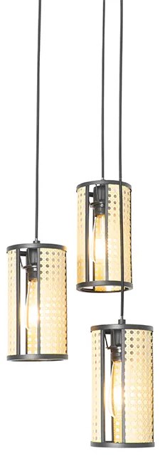 Lampada a sospensione orientale nera con rattan 3 luci rotonda - Akira