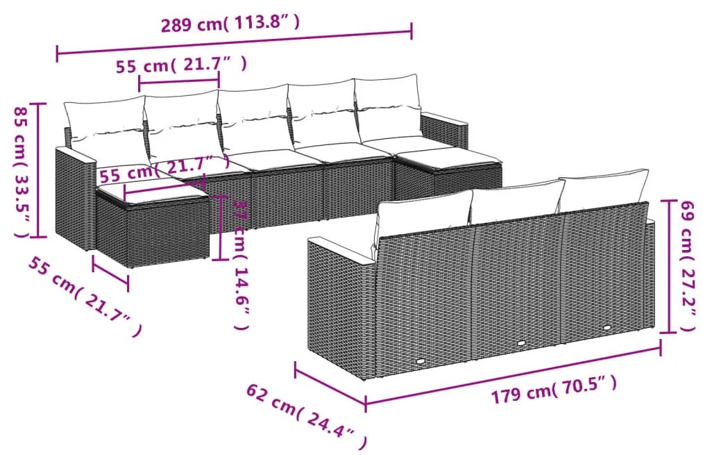 Set divani da giardino 10pz con cuscini in polyrattan nero