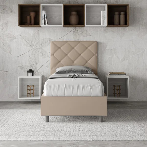 Letto singolo contenitore imbottito 80x200 similpelle tortora Priya