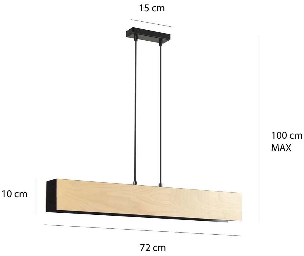 Lampadario 3 Luci Merlino In Acciaio Nero Corpo Rettangolare E Legno Naturale