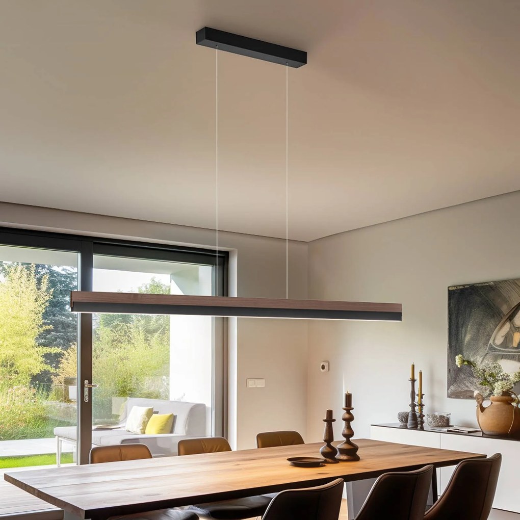 Lampada a sospensione Quitani LED Keijo, nero/noce, lunghezza 143 cm