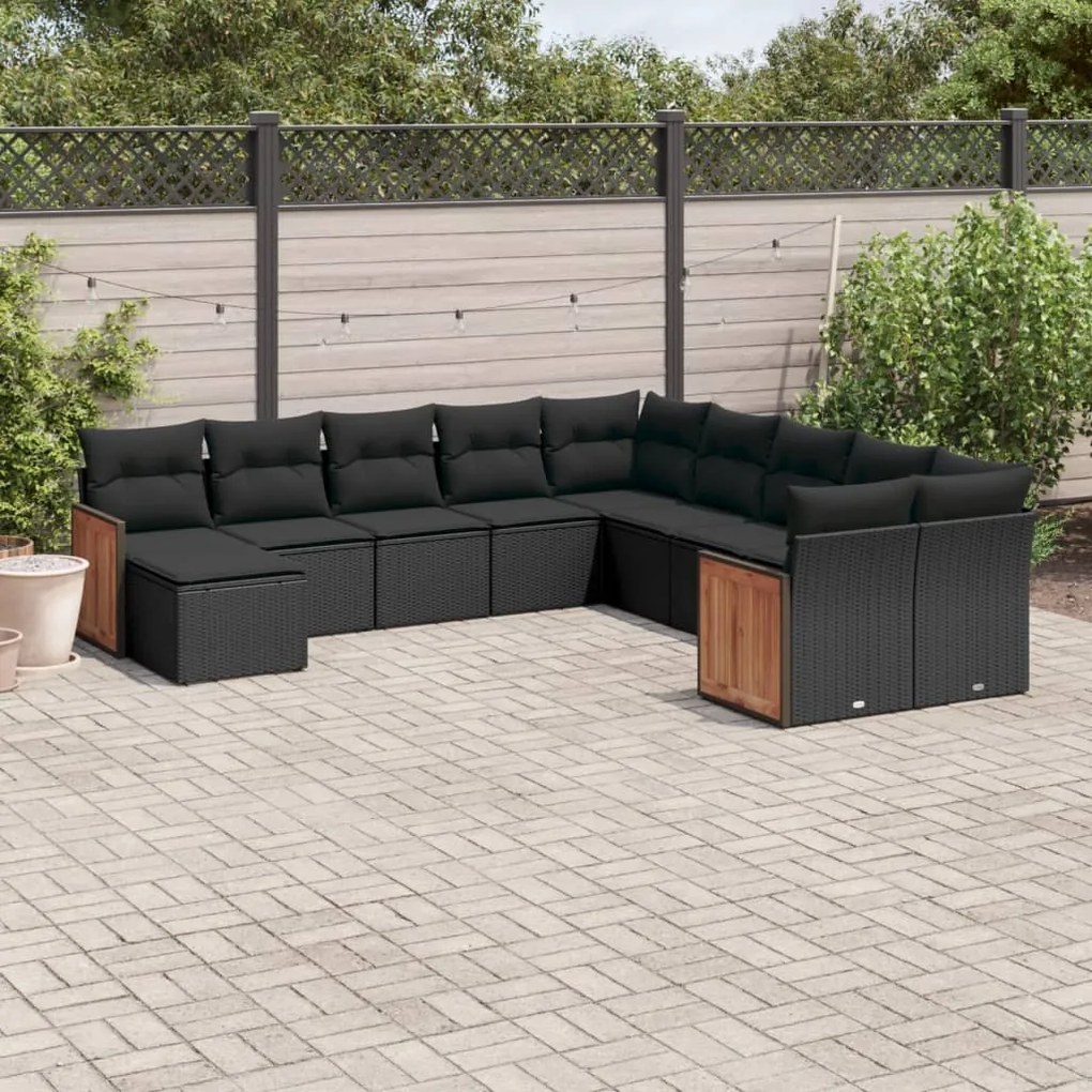 Set divani da giardino 11 pz con cuscini in polyrattan nero