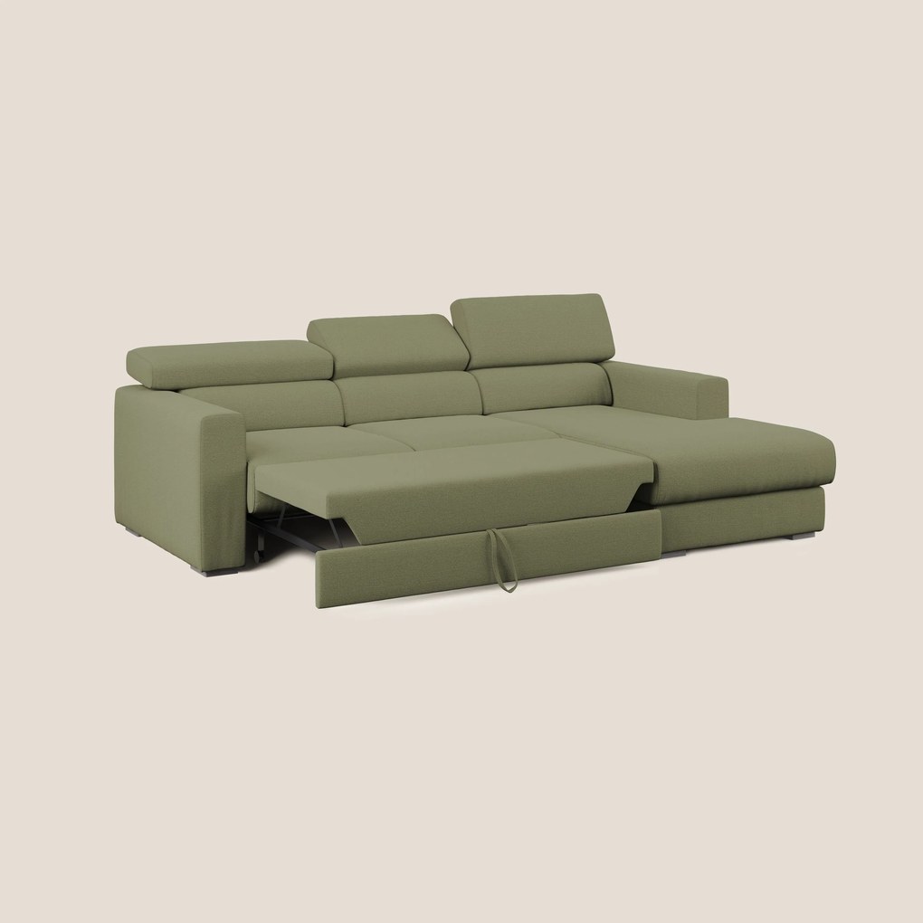 Dylan divano angolare con estraibile a cassettone in tessuto fiammato simil cotone impermeabile T19 verde