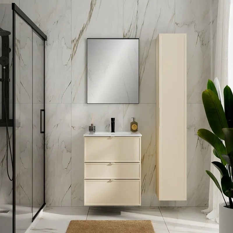 Mobile da bagno sospeso Quadra avorio con lavabo in ceramica bianco vasca centrale base con 3 cassetti a chiusura ammortizzata (estrazione parziale), con maniglia in alluminio laccato avorio L61 H75 P46