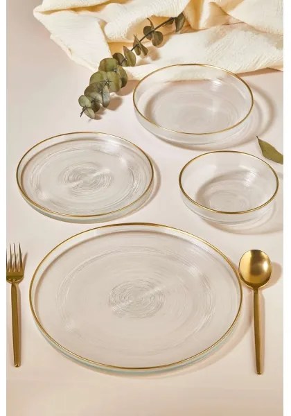 Set da tavola 24 pezzi in vetro trasparente con finiture oro