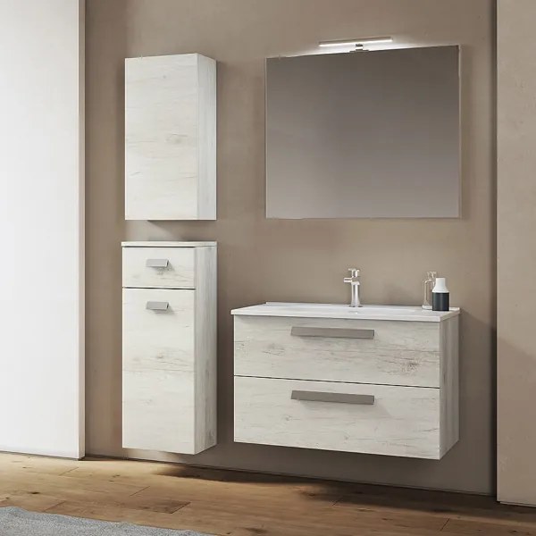 Mobile sospeso bagno 82 cm Quercia Bianco con lavabo e specchio LED - ANGELA1