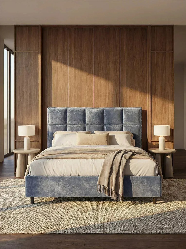 AURO letto imbottito con vano contenitore e testiera capitonné alta in ciniglia Oeko-Tex®