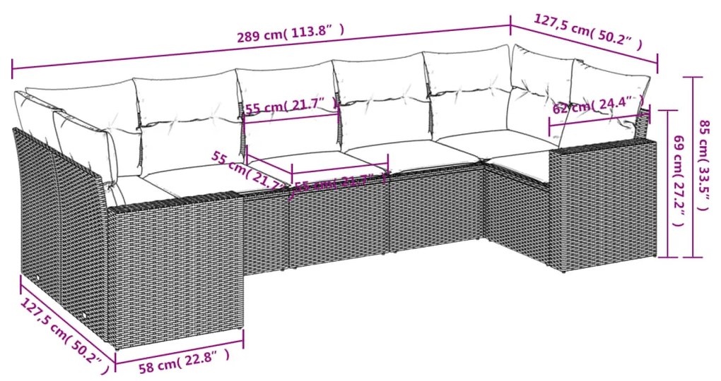 Set divani da giardino 7 pz con cuscini grigio in polyrattan