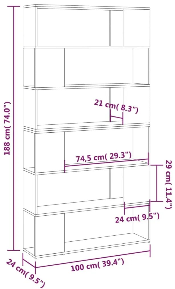 Libreria/Divisorio Rovere Sonoma 100x24x188 cm