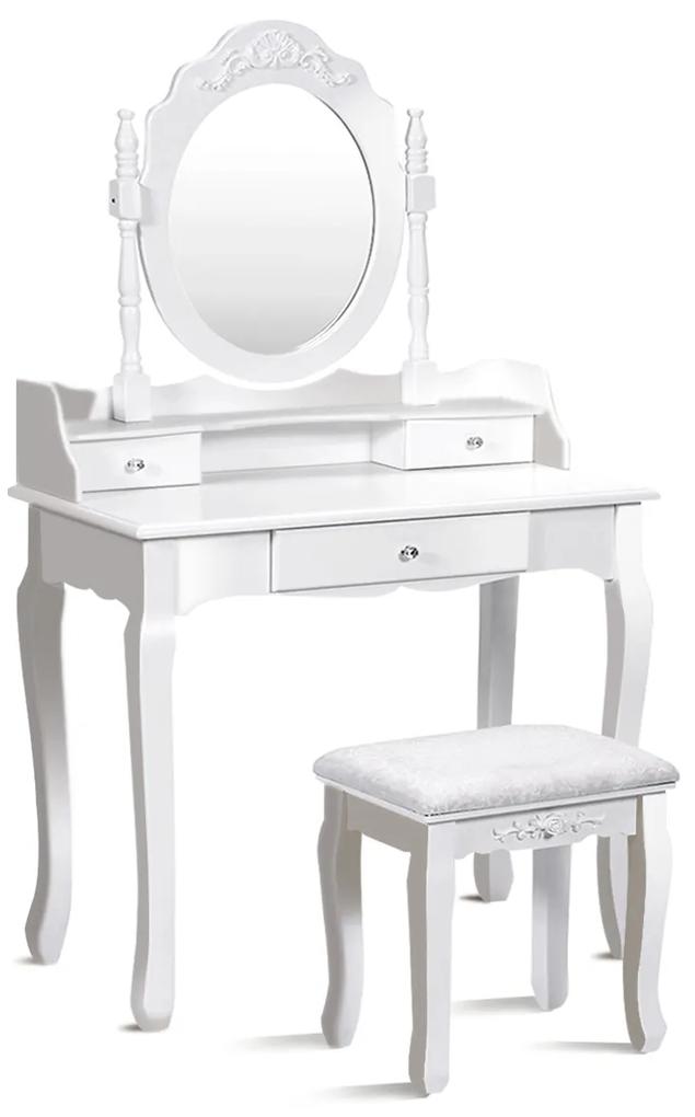 Costway Set tavolo toeletta con specchio ovale girevole a 360° e cassetti, Tavolo da trucco di legno con sgabello Bianco