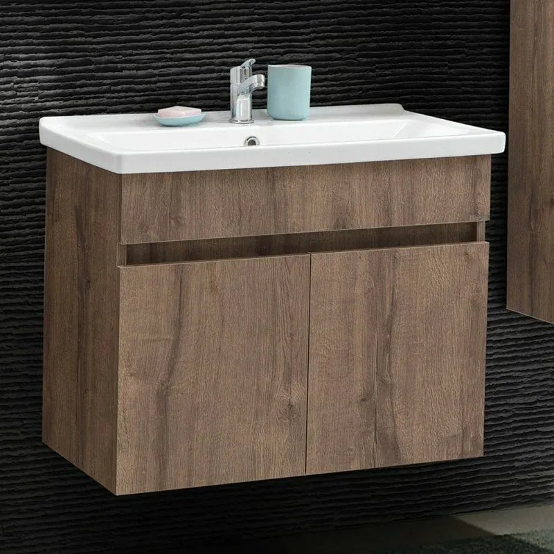 Mobile bagno sospeso 80 cm rovere scuro con specchio contenitore Mona