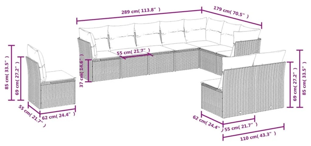 Set divano da giardino 10 pz con cuscini grigio in polyrattan