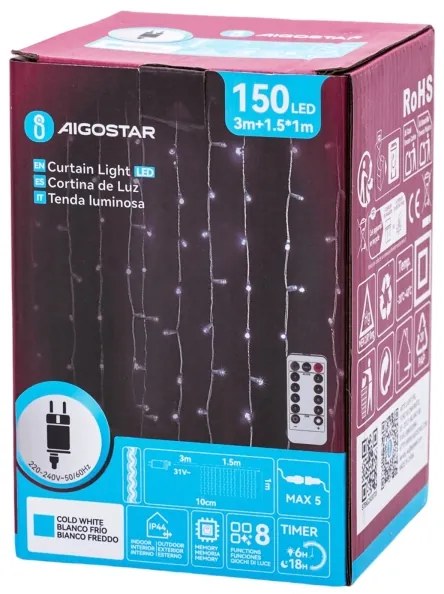 Aigostar - Catena luminosa di Natale per esterni 150xLED/6W/230V/8 funzioni 1,5x1m IP44 bianco freddo+telecomando