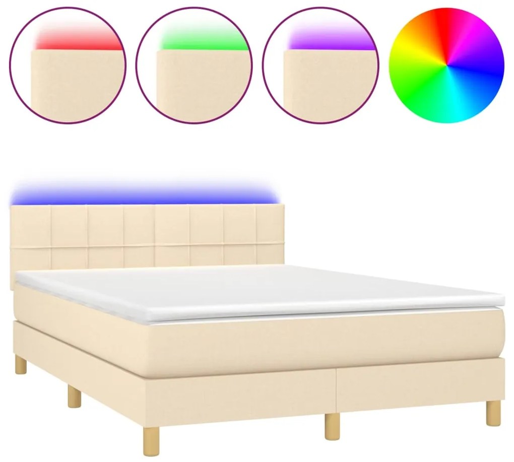 Letto a molle con materasso e led crema 140x190 cm in tessuto