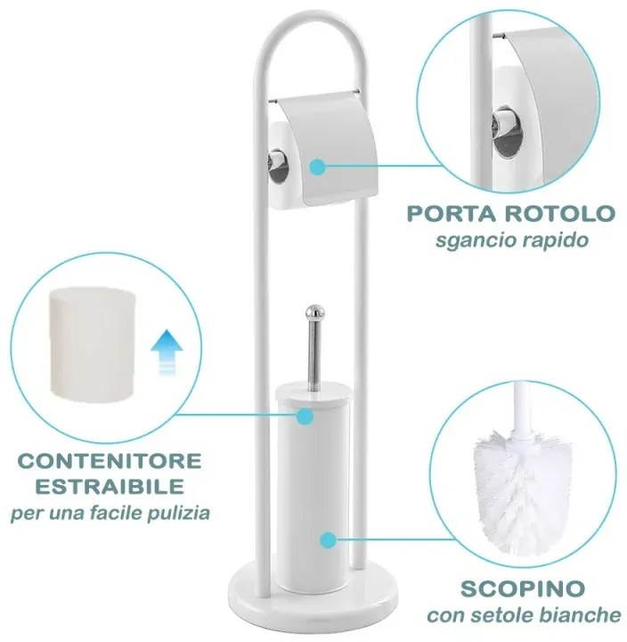 Piantana Porta Rotolo E Porta Scopino H 83 Cm In Acciaio Bianco Moderna