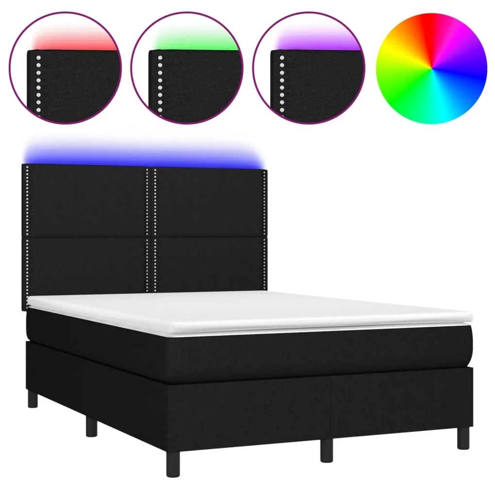 Letto a molle con materasso e led nero 140x190 cm in tessuto