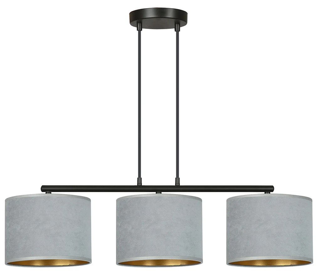 Lampadario 3 Luci Ganesha In Acciaio Nero E Paralumi In Tessuto Grigio