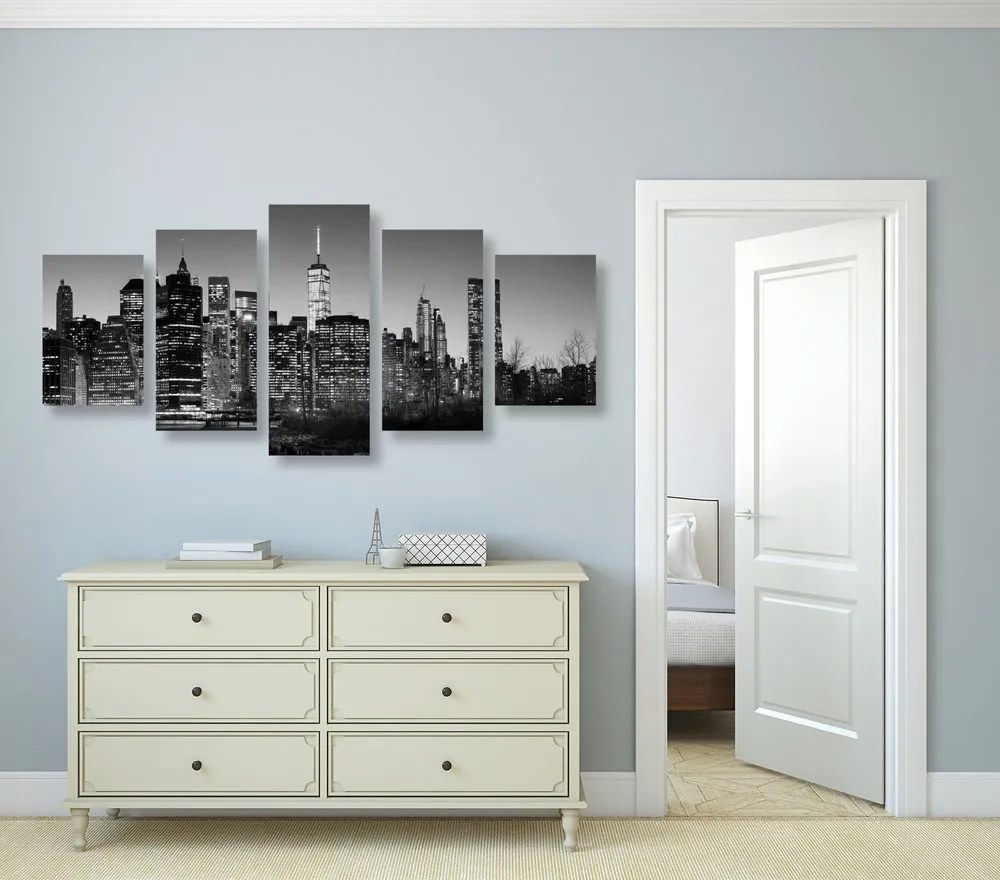 Quadri 5 pezzi – Centro di New York in bianco e nero