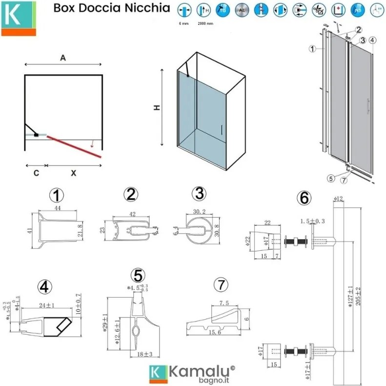 Kamalu - Porta doccia battente 100-105cm e fisso colore nero | KPX4000N