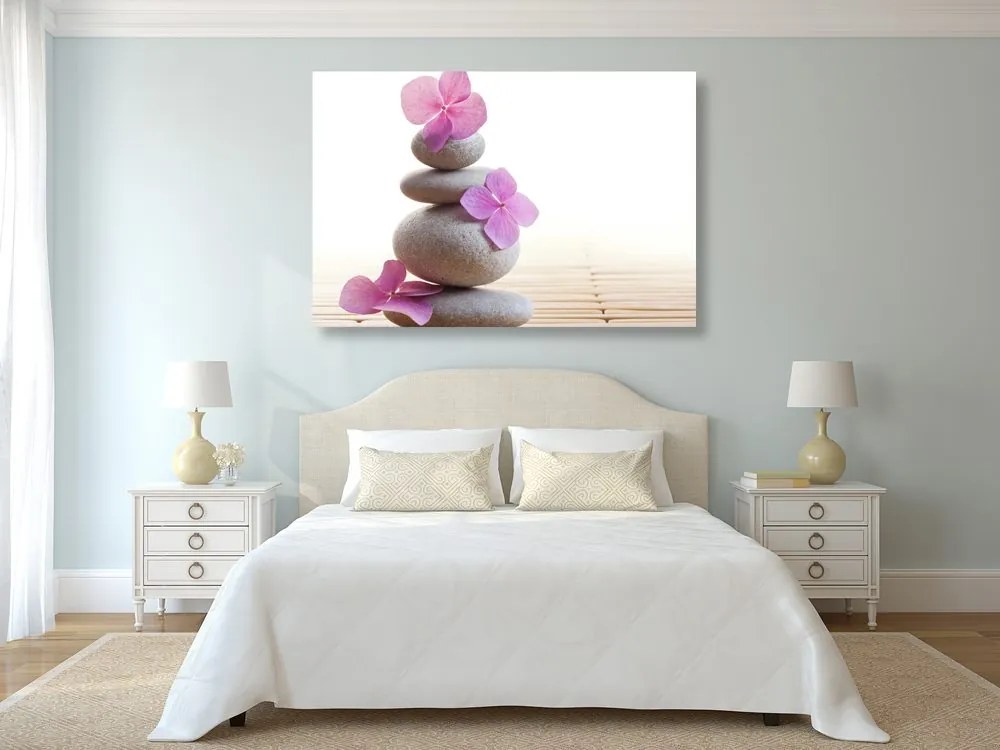 Quadro su tela – Equilibrio di pietre e fiori orientali rosa
