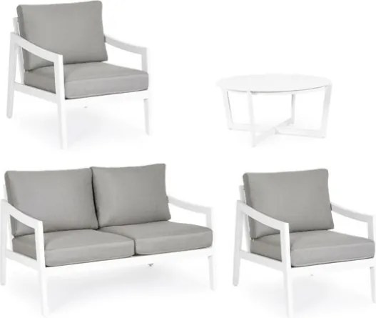 Salotto Da Esterno In Alluminio Con Divano 2 Poltrone E Tavolino Tondo Sirenus Bianco Bizzotto