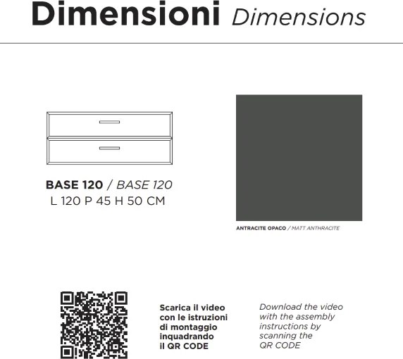 Mobile da bagno sospeso moderno base 120 CLEIDE con 2 cassetti e lavabo, ANTRACITE OPACO