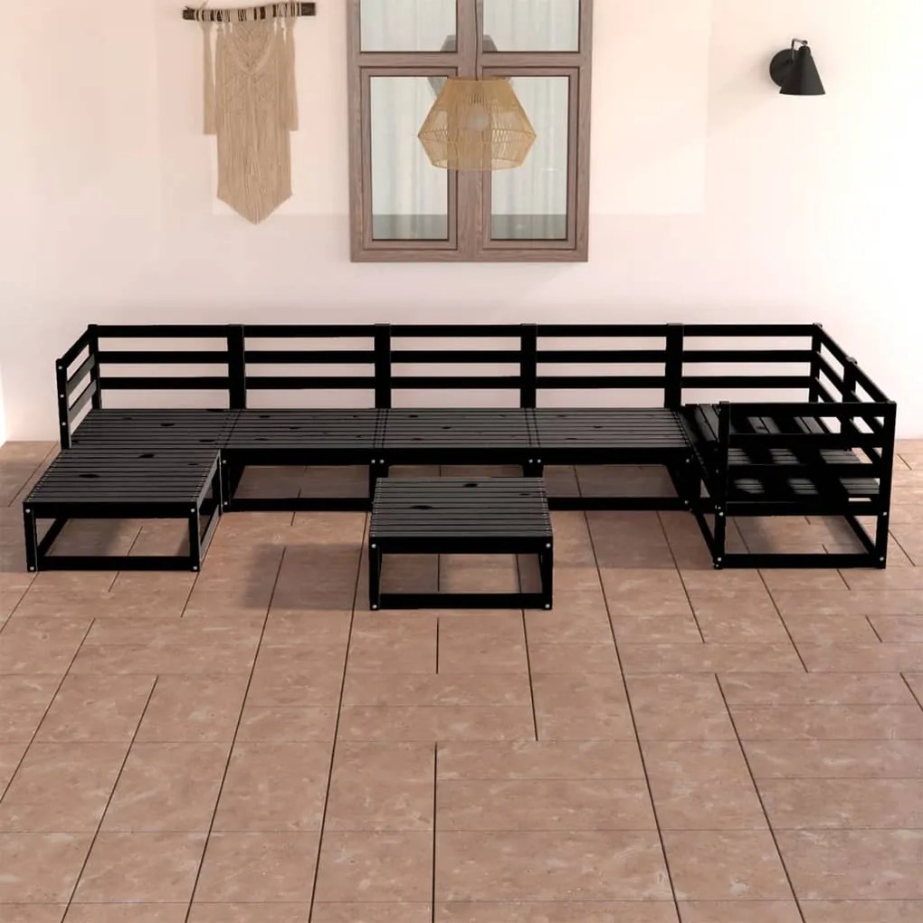 Set divani da giardino 8 pz nero in legno massello di pino