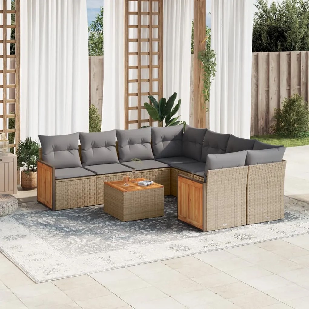 Set divano da giardino 9 pz con cuscini beige in polyrattan