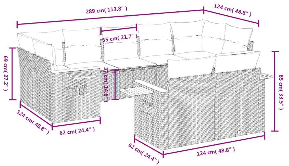 Set divano da giardino 9 pz con cuscini beige in polyrattan