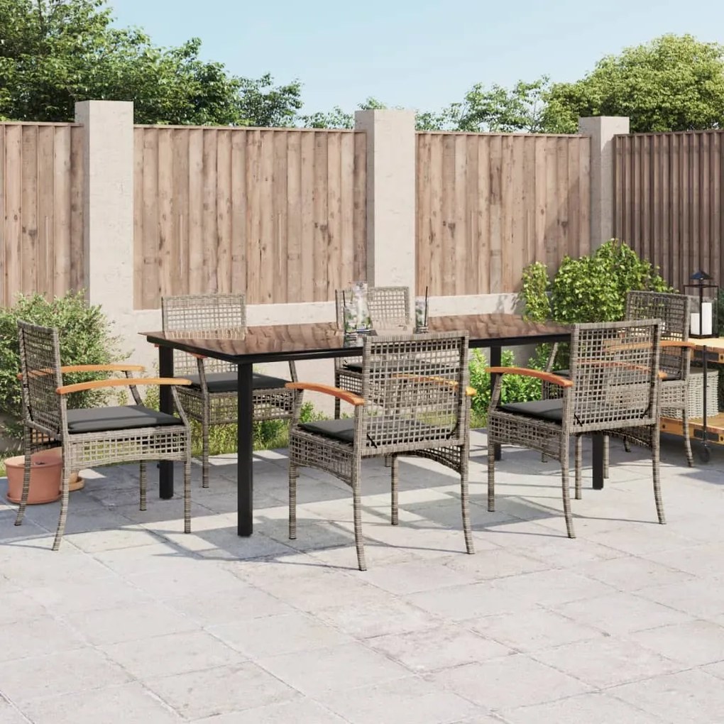 Set da pranzo da giardino 7 pz con cuscini in polyrattan grigio