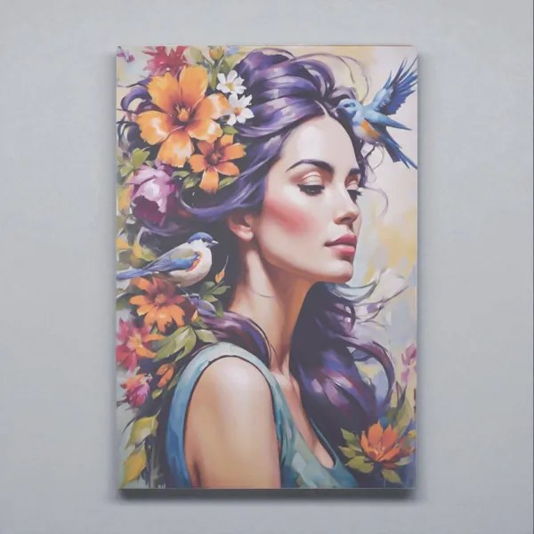 Quadro moderno verticale su tela 60x90 cm ritratto donna e natura