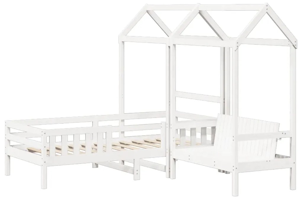 Set letto e panca con tetto bianco 90x190cm legno massello pino