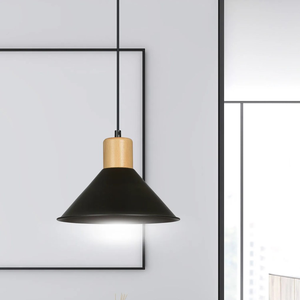 Sospensione Nordica 1 Luce Chandra In Acciaio Nero E Legno