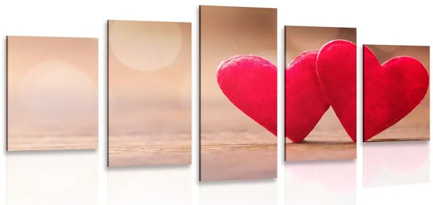 Quadri 5 pezzi – Cuoricini rossi su texture di legno