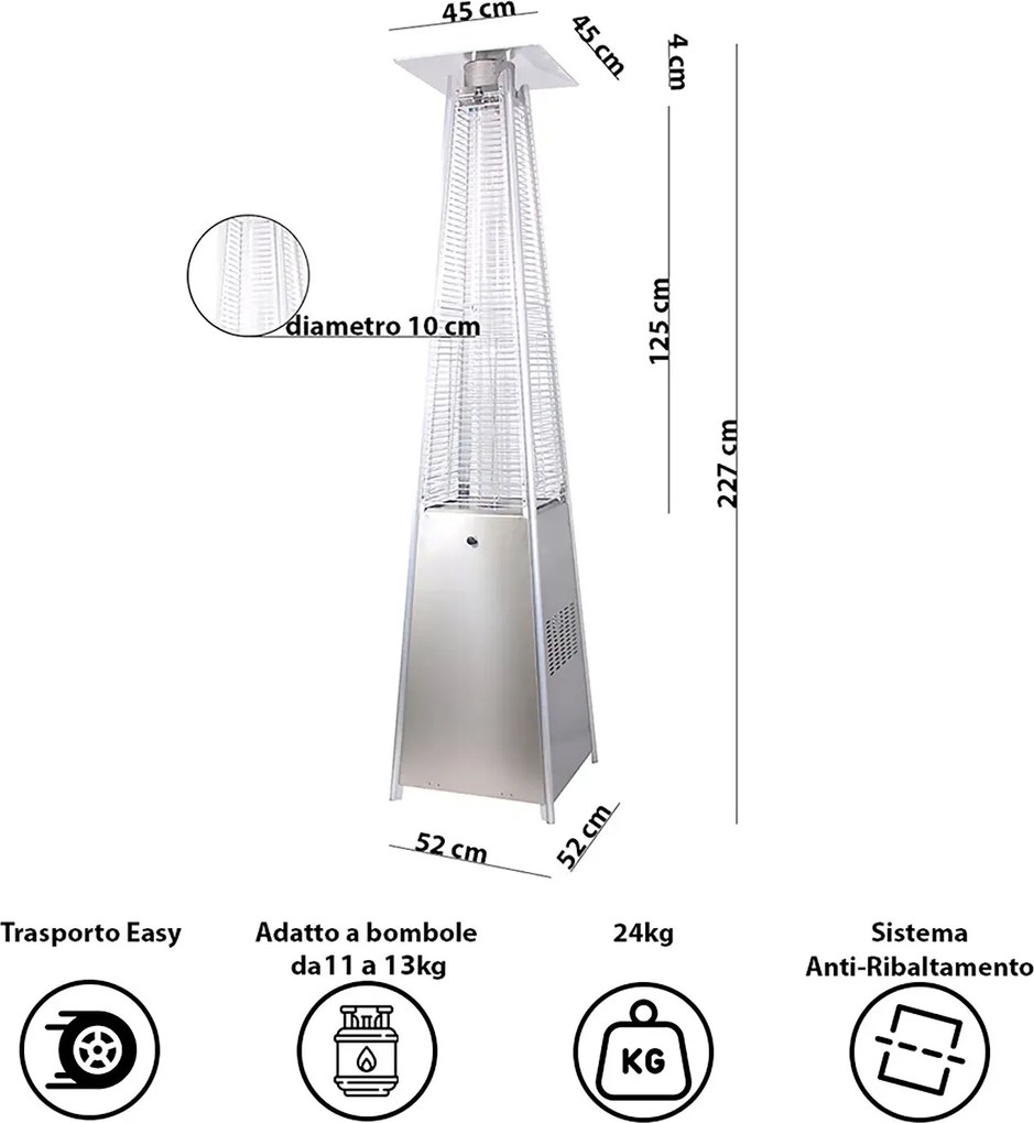 Stufa a Fungo a Gas Max 13kW Fiamma Viva Verticale 52x52x227 cm Pyramid Acciaio...