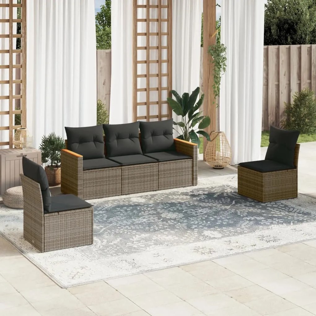 Set divano da giardino 5 pz con cuscini grigio in polyrattan