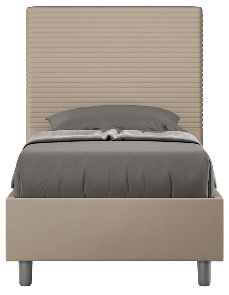 Letto singolo imbottito similpelle Focus 80x200 senza rete, con rete, contenitore, Tortora / Contenitore