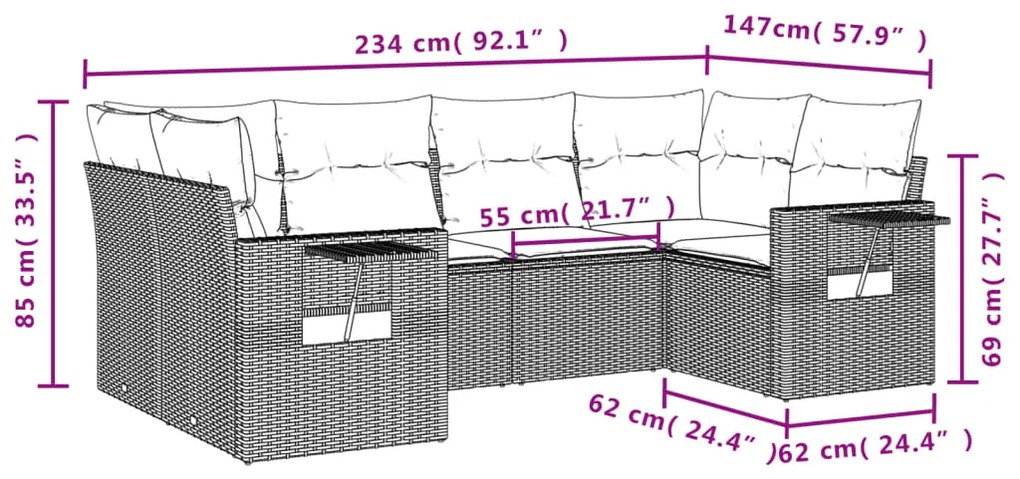 Set divano da giardino 6 pz con cuscini grigio in polyrattan