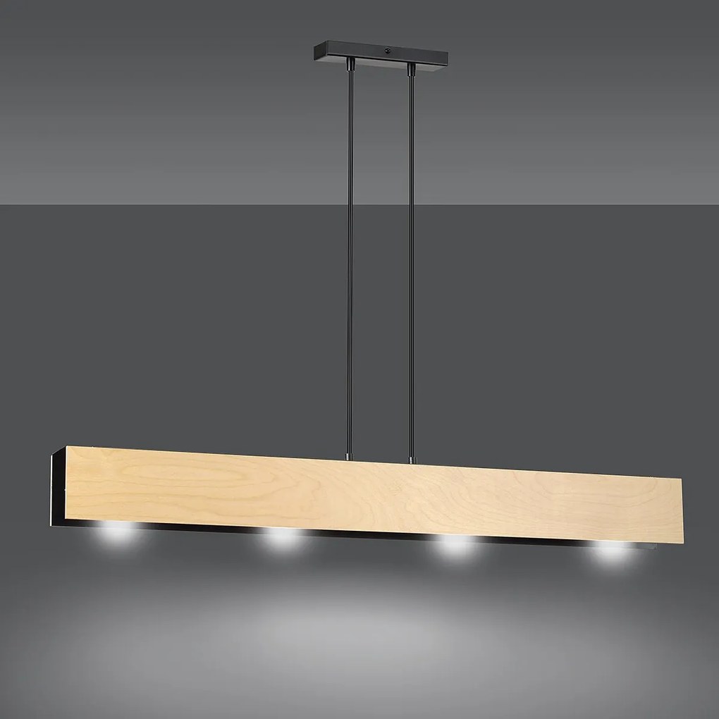 Lampadario 4 Luci Carlo In Acciaio Nero Corpo Rettangolare E Legno Naturale