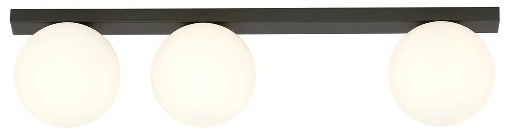 Plafoniera Moderna 3 Luci Giapeto Barra In Acciaio Nero E Sfere Di Vetro Opale