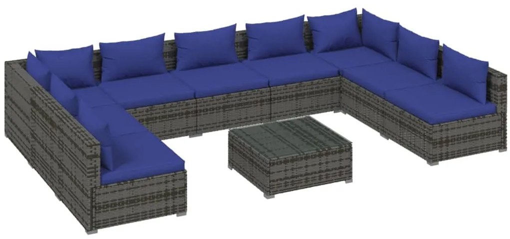 Set Divani da Giardino 10 pz con Cuscini in Polyrattan Grigio